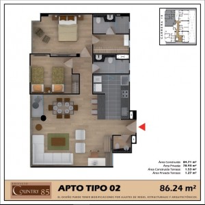 Apartamento Tipo 2, 2 alcobas   
