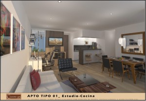Render Sala Comedor Estudio - Cocina Tipo 1           
