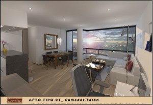 Render Sala Tipo 1 y Tipo 2 - 2 Alcobas y Estudio           